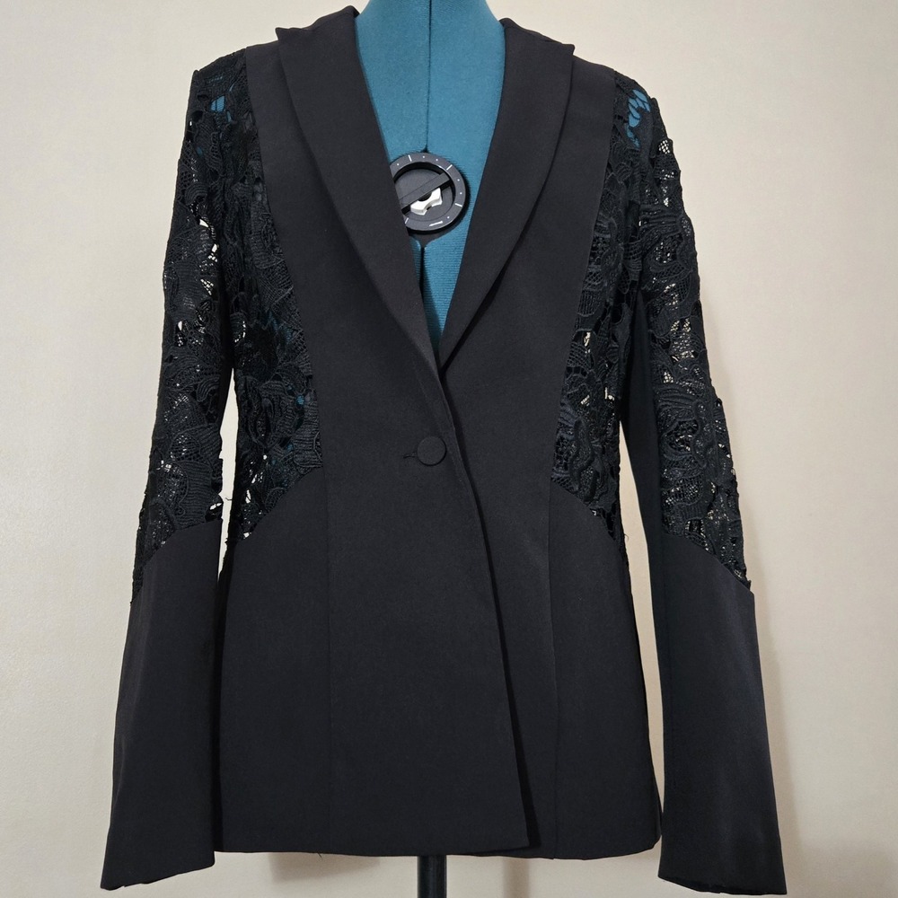INC Black Lace Sleeve Blazer Jacket S Tailored Stretch Dark Academia Whimsigoth